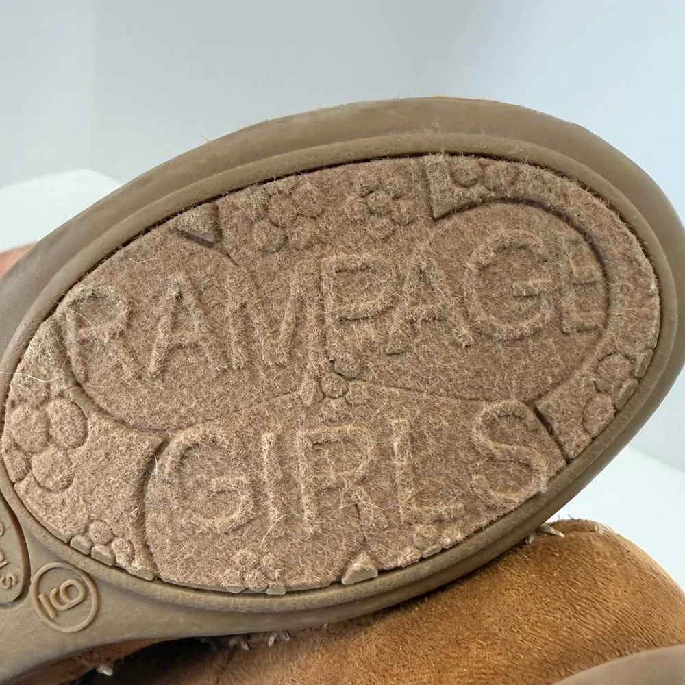 Rampage Girls Tan Double Fringe Suede Boots Bow and Bead Details. Side Zipper